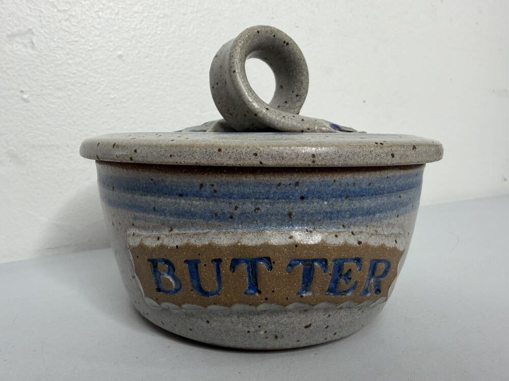 VTG Handcrafted Pottery Butter Crock Blue Flowers Glazed Farmhouse Decor Signed